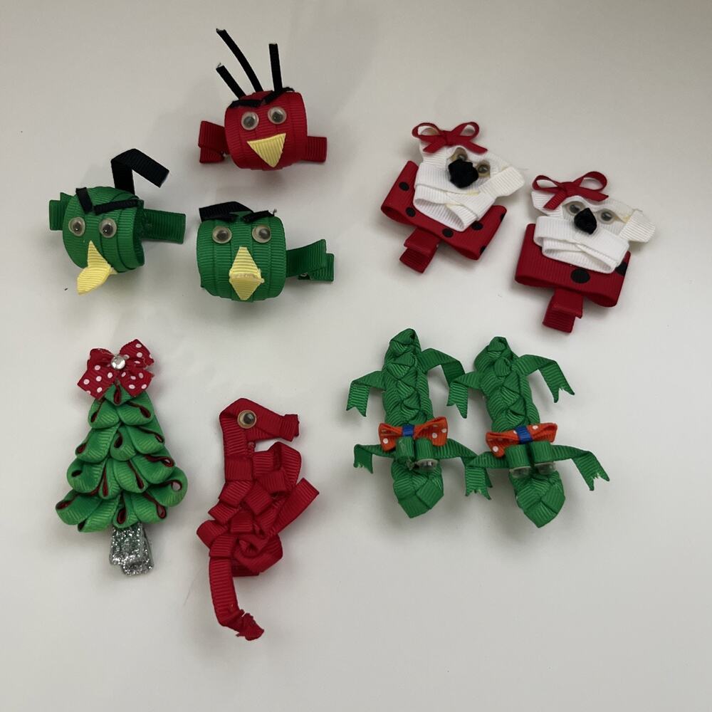 Lot Of 9 Ribbon Designed Hair Clips Christmas Bulldog Gators More
